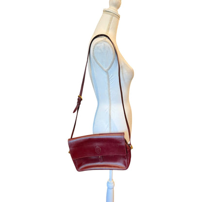 Cartier Must Burgundy Leather Messenger Bag With Adjustable Strap & Brass Hardware