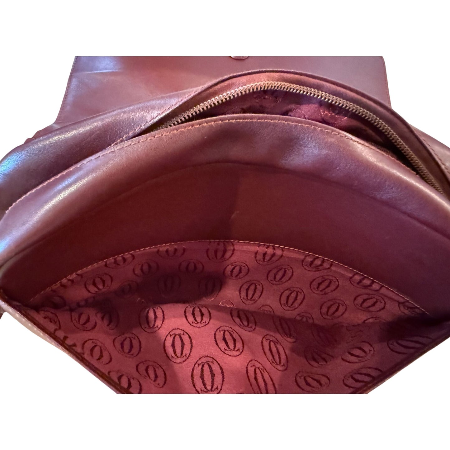 Cartier Must Burgundy Leather Messenger Bag With Adjustable Strap & Brass Hardware