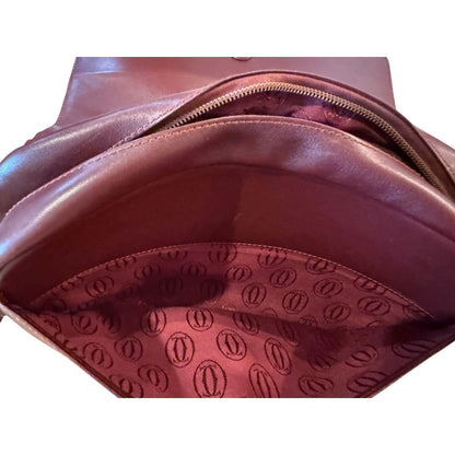 Cartier Must Burgundy Leather Messenger Bag With Adjustable Strap & Brass Hardware