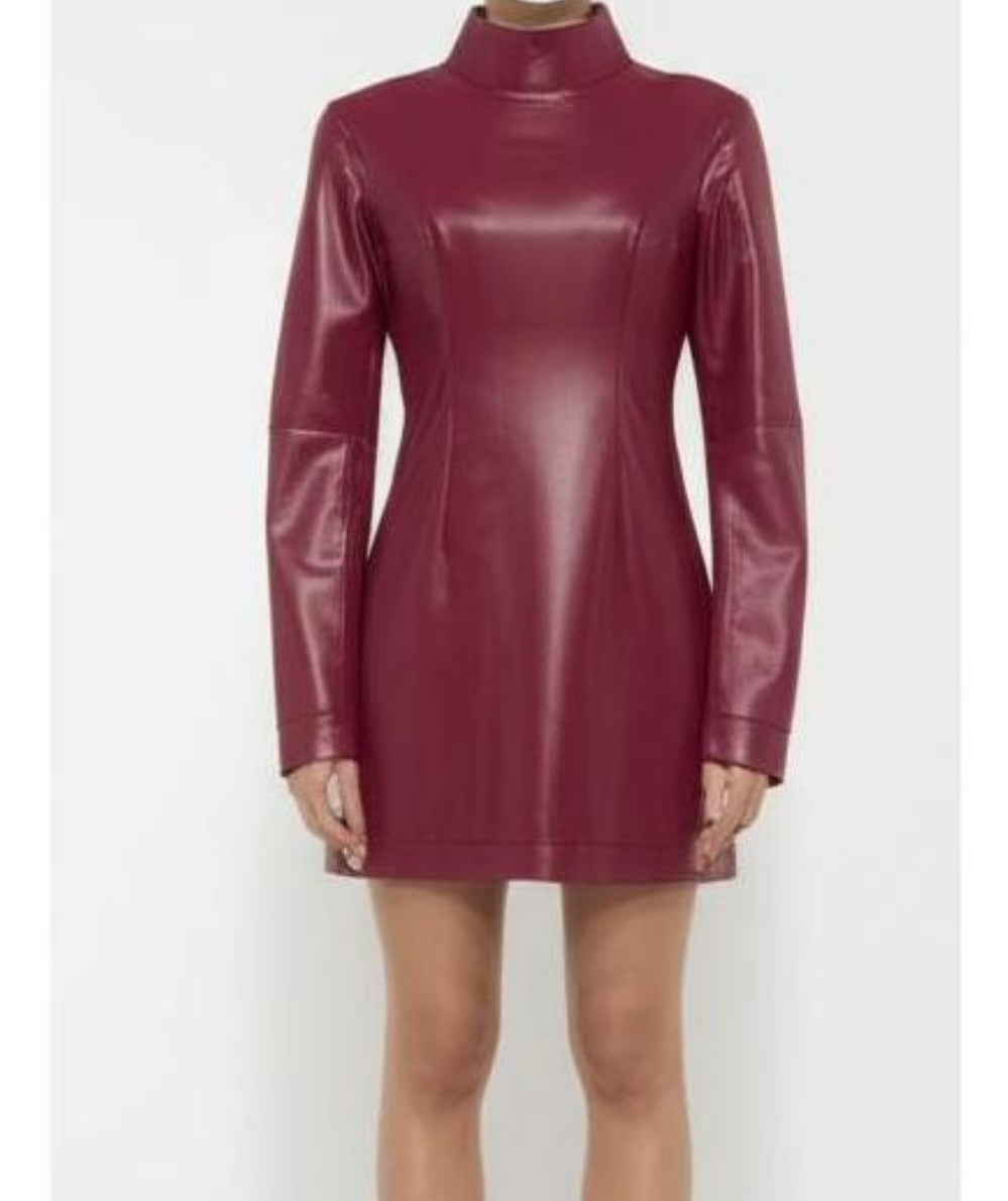 New STAUD Womens Dress Size 0 Burgundy Mini Faux Leather Mock Neck Bodycon