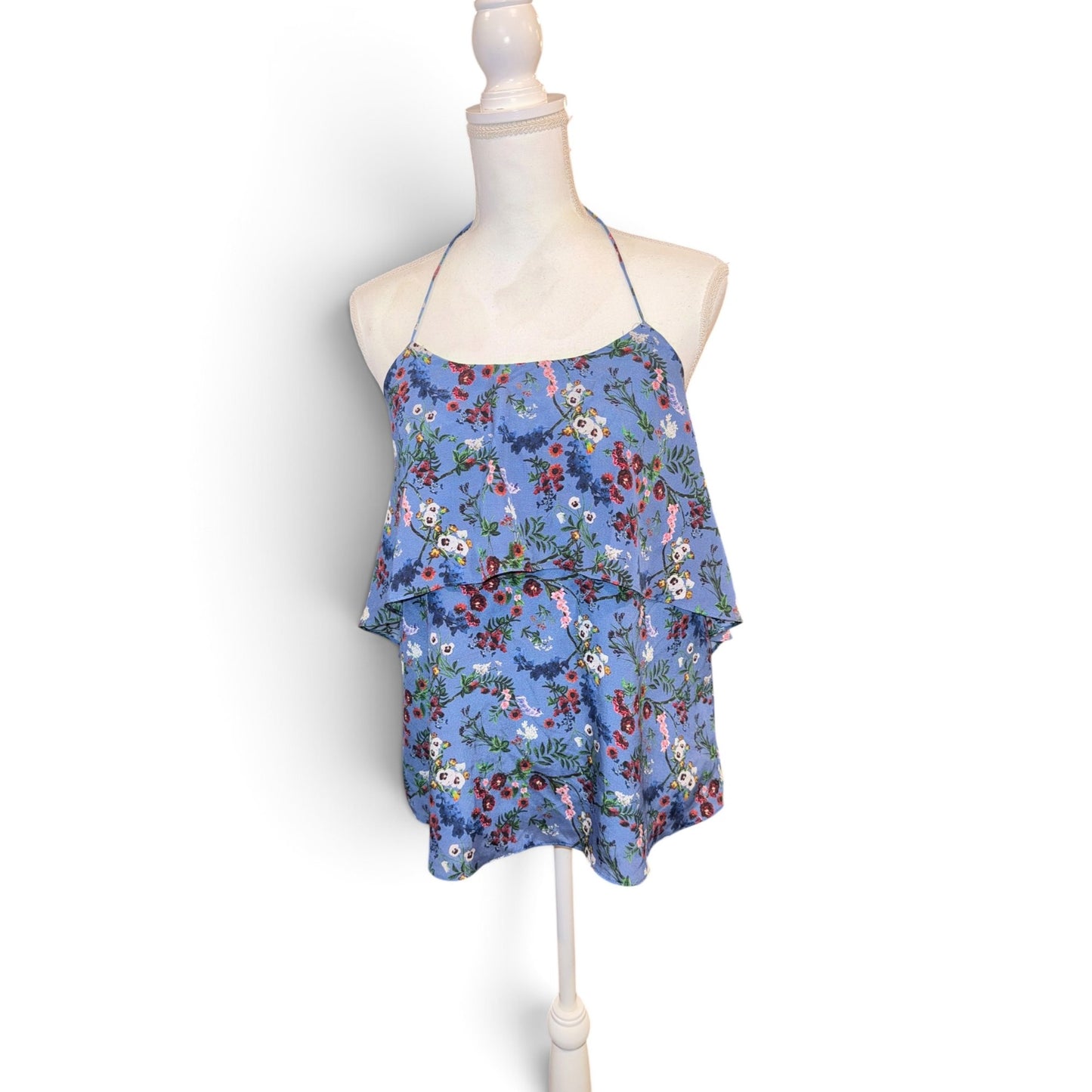Alice + Olivia Blue Silk Floral Halter Top With Ruffle Overlay Size M