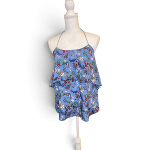 Alice + Olivia Blue Silk Floral Halter Top With Ruffle Overlay Size M