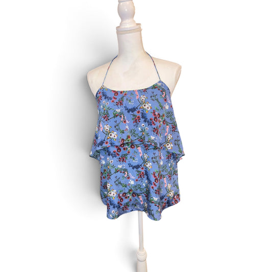 Alice + Olivia Blue Silk Floral Halter Top With Ruffle Overlay Size M