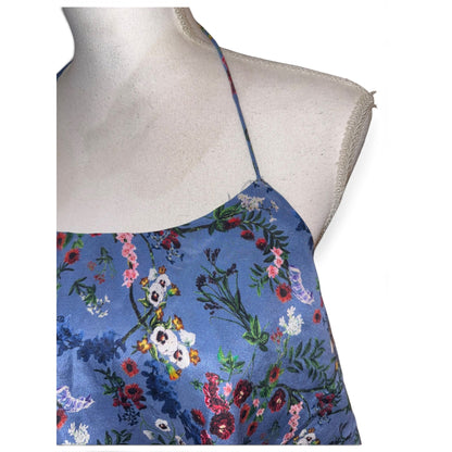 Alice + Olivia Blue Silk Floral Halter Top With Ruffle Overlay Size M