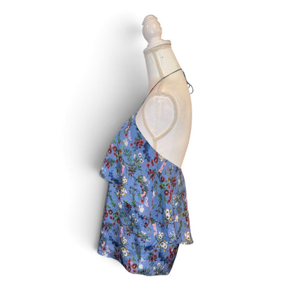 Alice + Olivia Blue Silk Floral Halter Top With Ruffle Overlay Size M