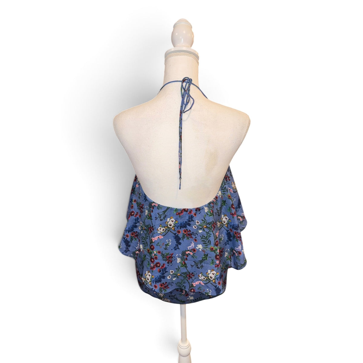 Alice + Olivia Blue Silk Floral Halter Top With Ruffle Overlay Size M