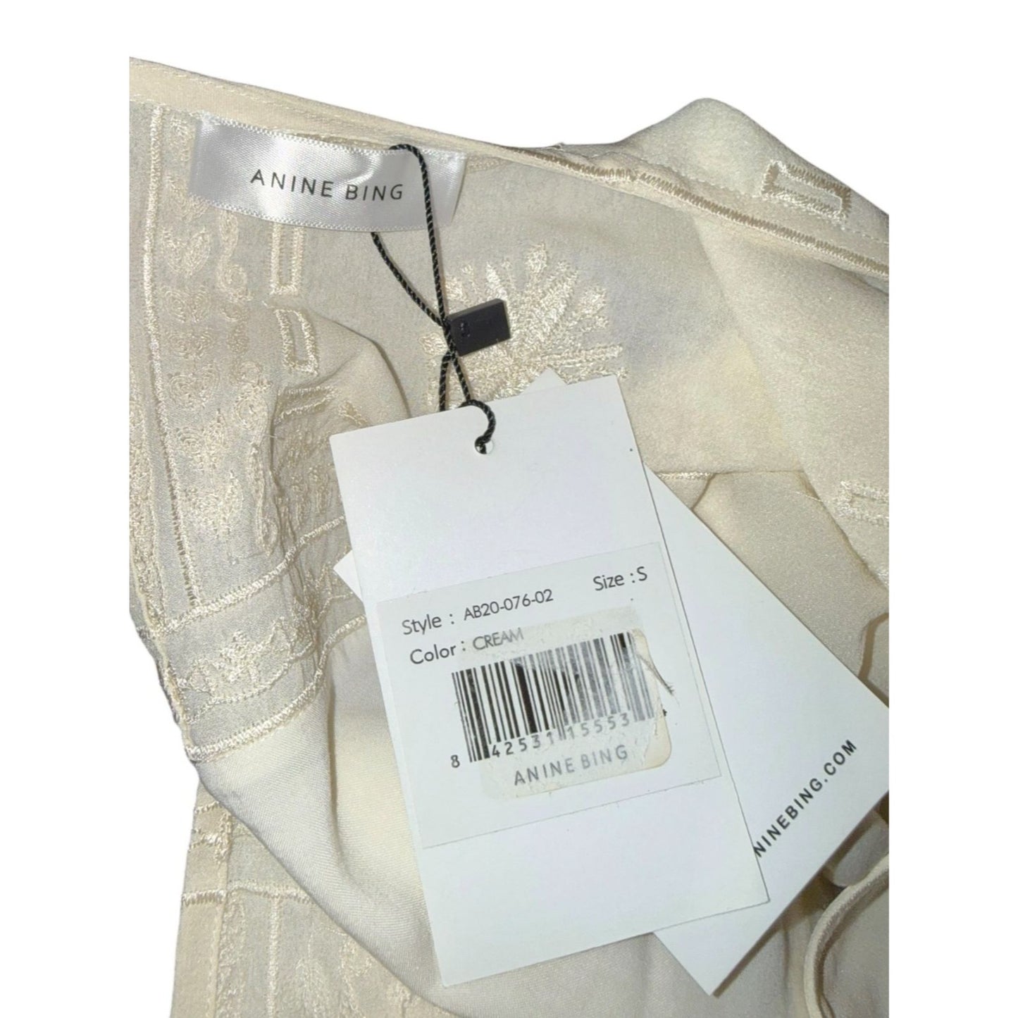 Anine Bing Cream Silk Embroidered Long Sleeve Mini Dress, Size S NWT
