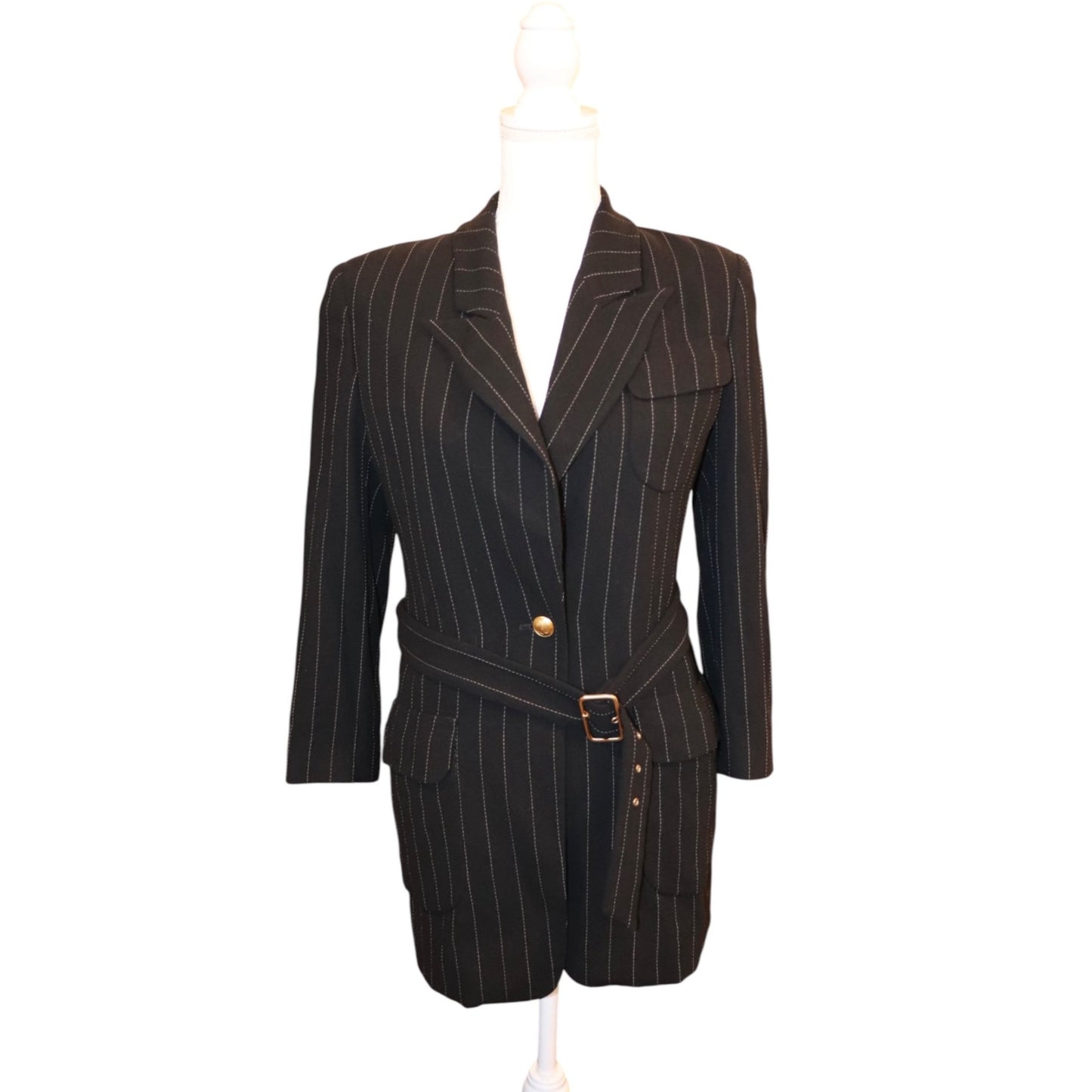 Gucci Black Pinstripe Belted Vintage Blazer Size 38