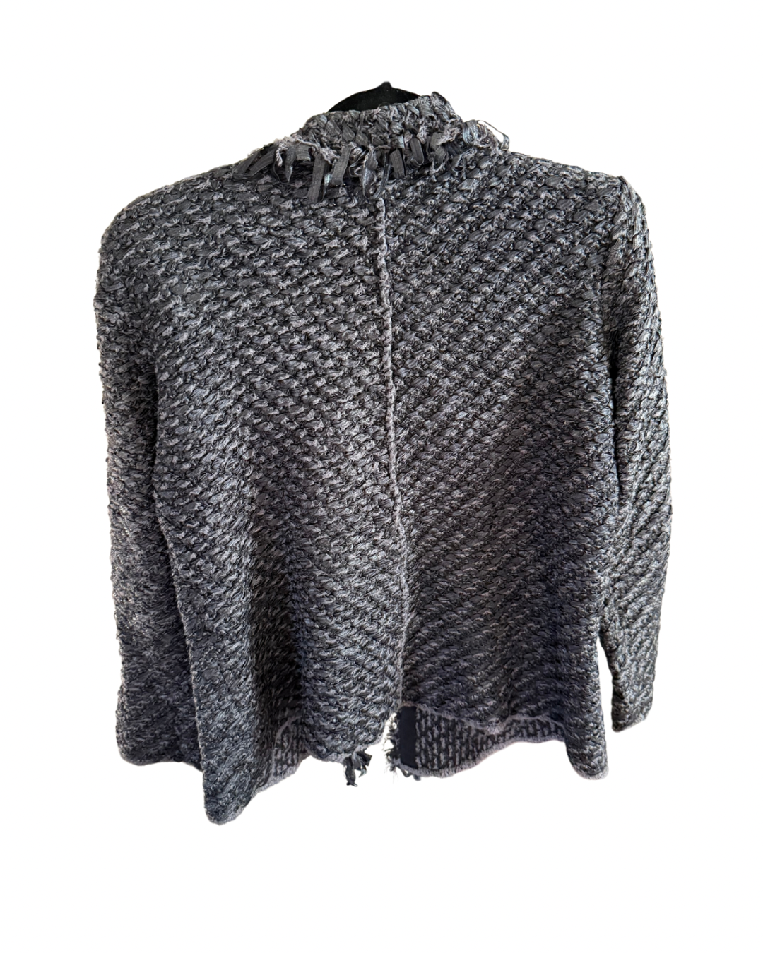 Armani Collezioni Gray Black Woven Crochet Fringe Sweater, size 12