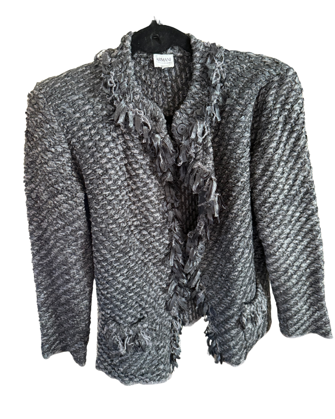 Armani Collezioni Gray Black Woven Crochet Fringe Sweater, size 12