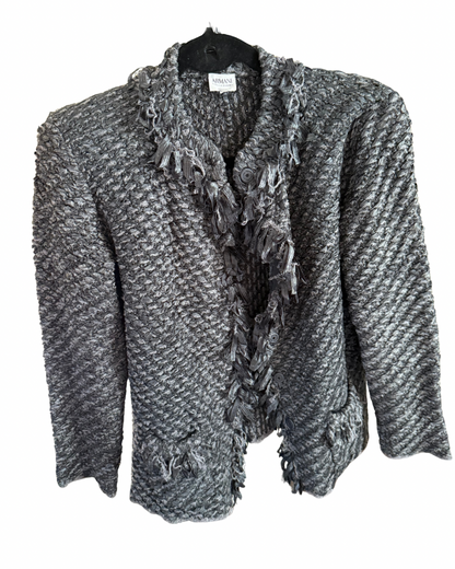 Armani Collezioni Gray Black Woven Crochet Fringe Sweater, size 12