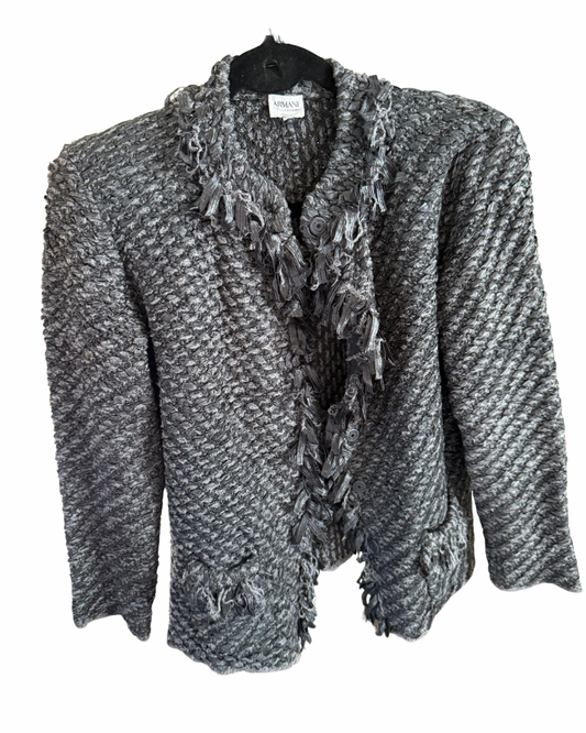 Armani Collezioni Gray Black Woven Crochet Fringe Sweater, size 12