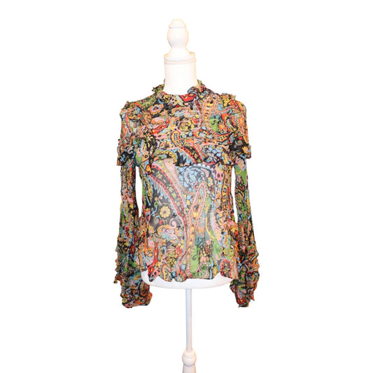 Etro Womens Sheer Paisley Multicolor Long Sleeve Ruffle Blouse Size 42