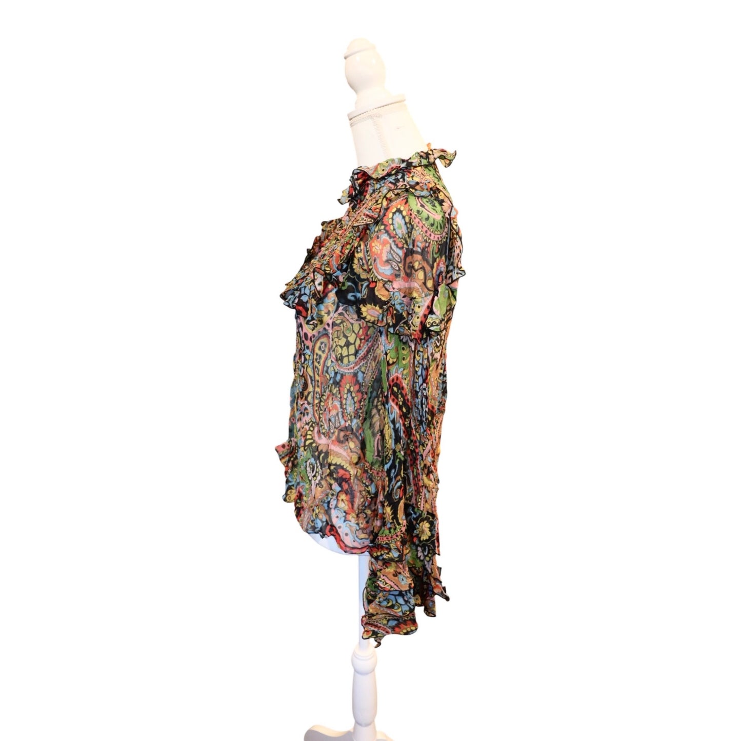 Etro Womens Sheer Paisley Multicolor Long Sleeve Ruffle Blouse Size 42