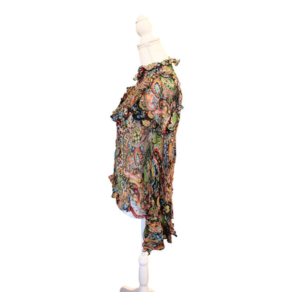 Etro Womens Sheer Paisley Multicolor Long Sleeve Ruffle Blouse Size 42