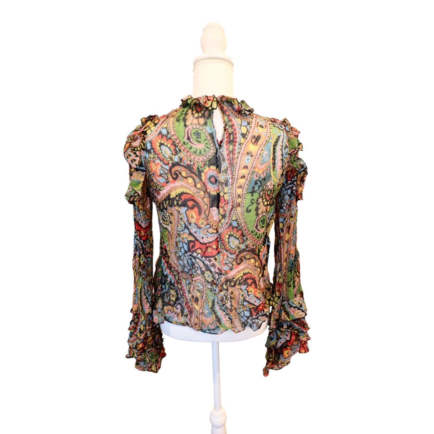 Etro Womens Sheer Paisley Multicolor Long Sleeve Ruffle Blouse Size 42