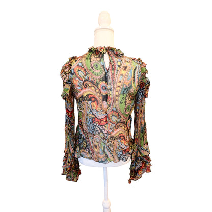 Etro Womens Sheer Paisley Multicolor Long Sleeve Ruffle Blouse Size 42