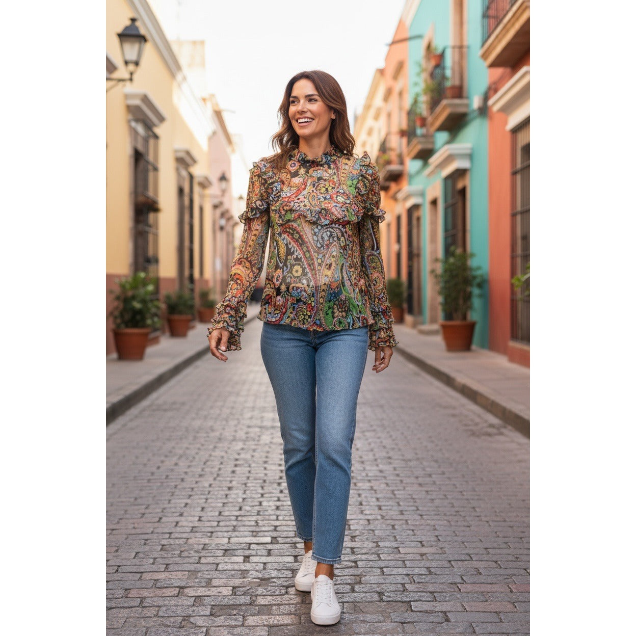 Etro Womens Sheer Paisley Multicolor Long Sleeve Ruffle Blouse Size 42