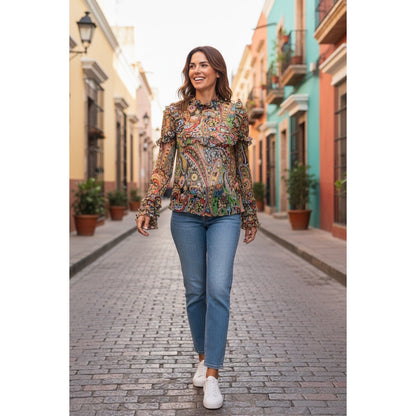 Etro Womens Sheer Paisley Multicolor Long Sleeve Ruffle Blouse Size 42