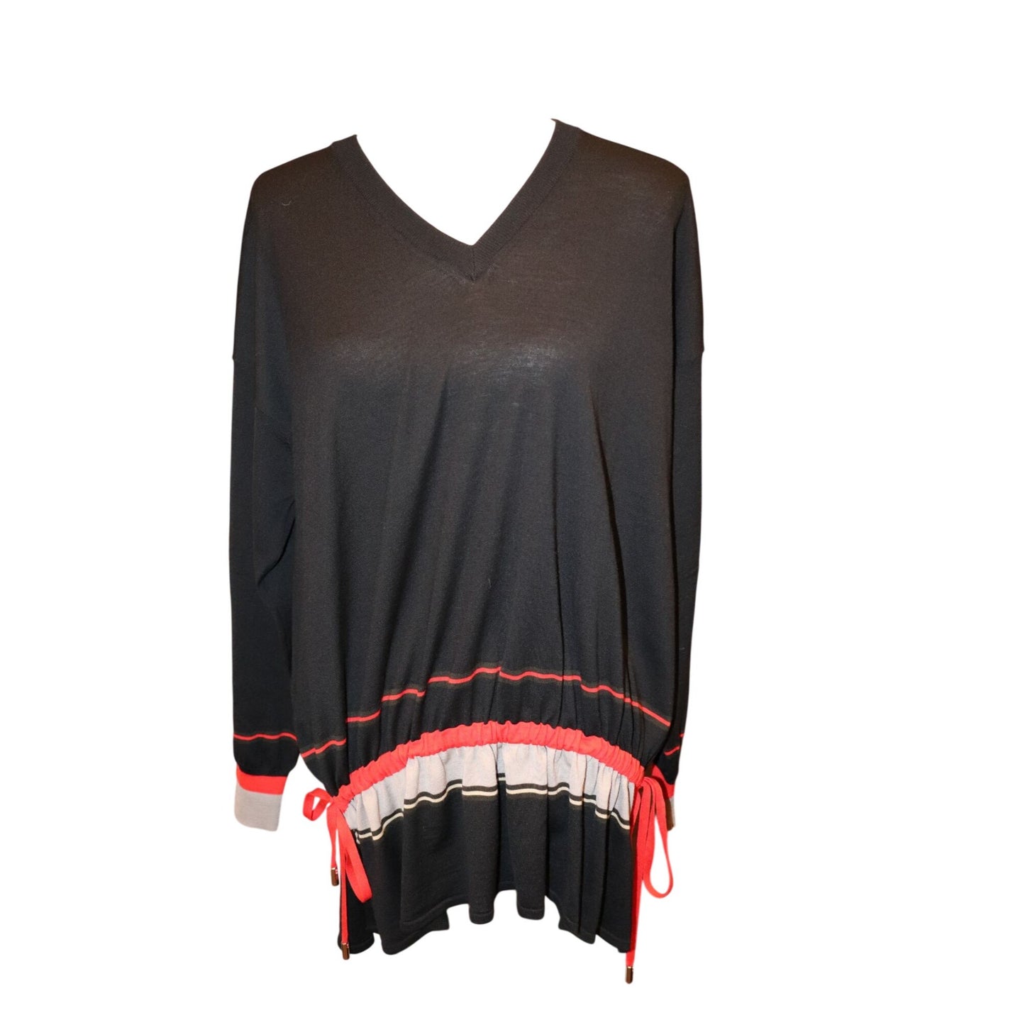 Givenchy Black Wool Sweater With Red & Beige Striped Details And Adjustable Waist Tie Size S