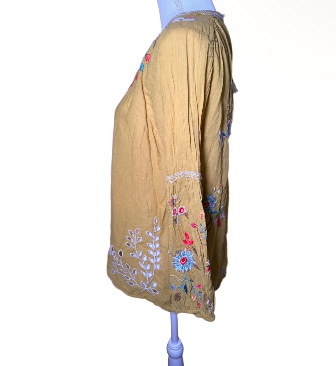 New Johnny Was Womens Peasant Blouse Size M Mustard Yellow Floral Embroidered