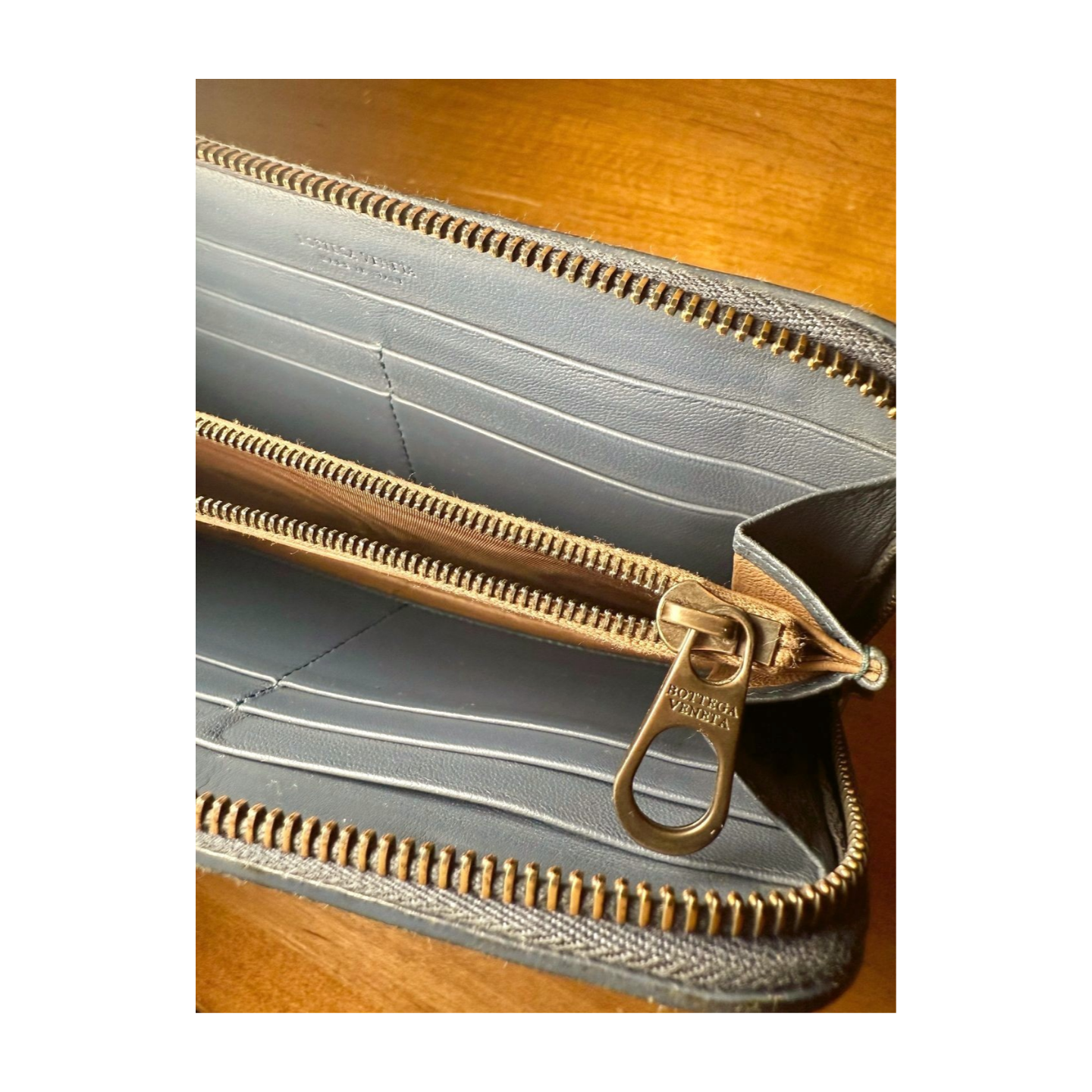Rare Bottega Veneta Metropolis Leather Zip Wallet in Muted Blue