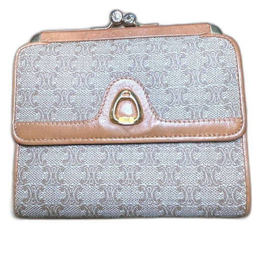 Vintage CELINE Macadam Kiss Lock Wallet Beige Gold Hardware