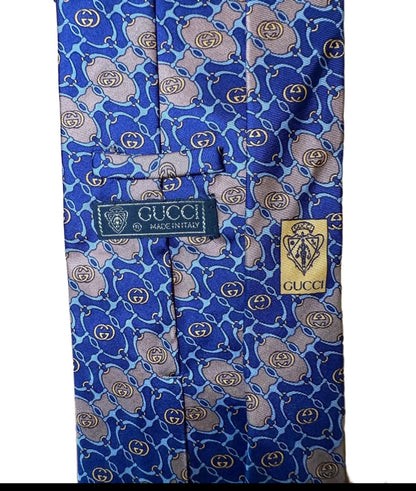 Gucci Vintage Silk Tie, Men’s, Blue & Gold Jacquard GG Logo with Equestrian Motif