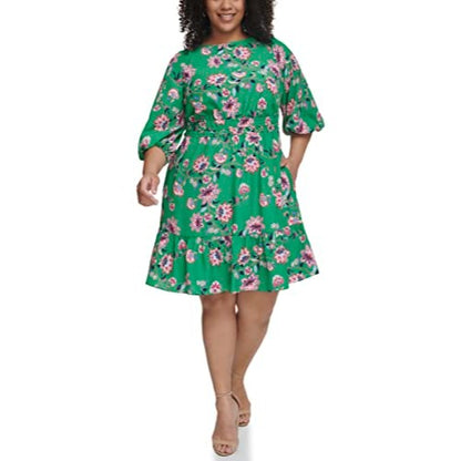 Eliza J Women's Size Printed Floral Balloon Sleeve Mini Dress, Green, 16 Plus