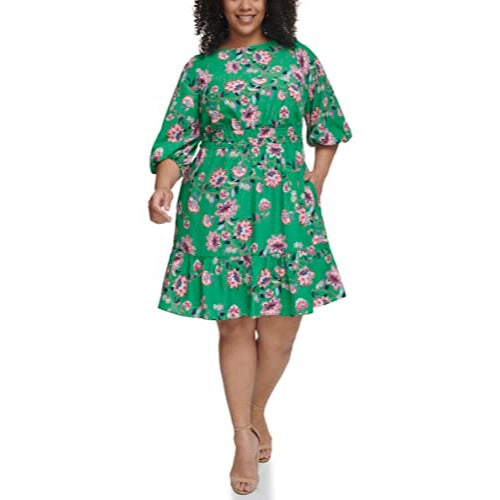 Eliza J Women's Size Printed Floral Balloon Sleeve Mini Dress, Green, 16 Plus