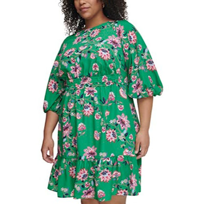 Eliza J Women's Size Printed Floral Balloon Sleeve Mini Dress, Green, 16 Plus