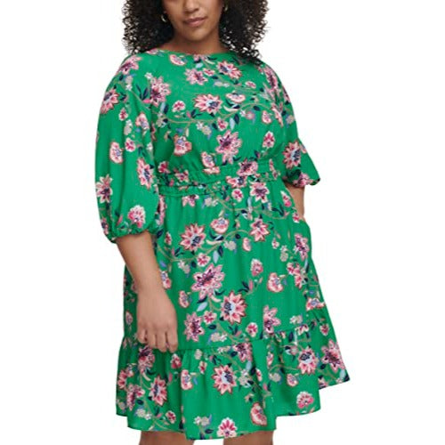 Eliza J Women's Size Printed Floral Balloon Sleeve Mini Dress, Green, 16 Plus