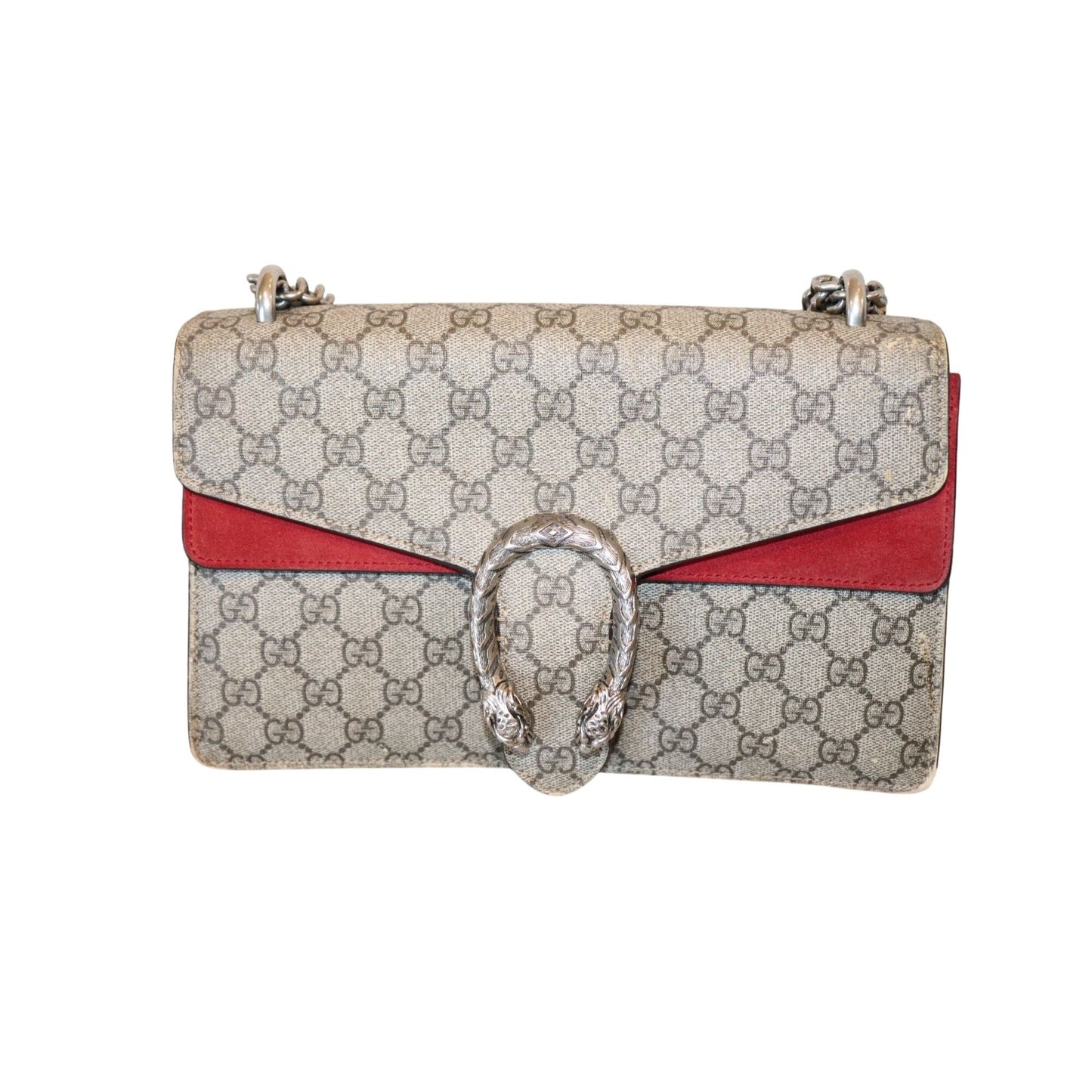 Gucci Dionysus GG Supreme Canvas Shoulder Bag With Red Suede Trim & Silver-Tone Chain Strap Includes Box & Dust Bag