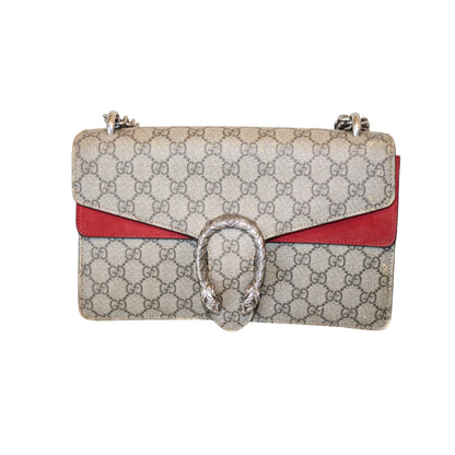 Gucci Dionysus GG Supreme Canvas Shoulder Bag With Red Suede Trim & Silver-Tone Chain Strap Includes Box & Dust Bag