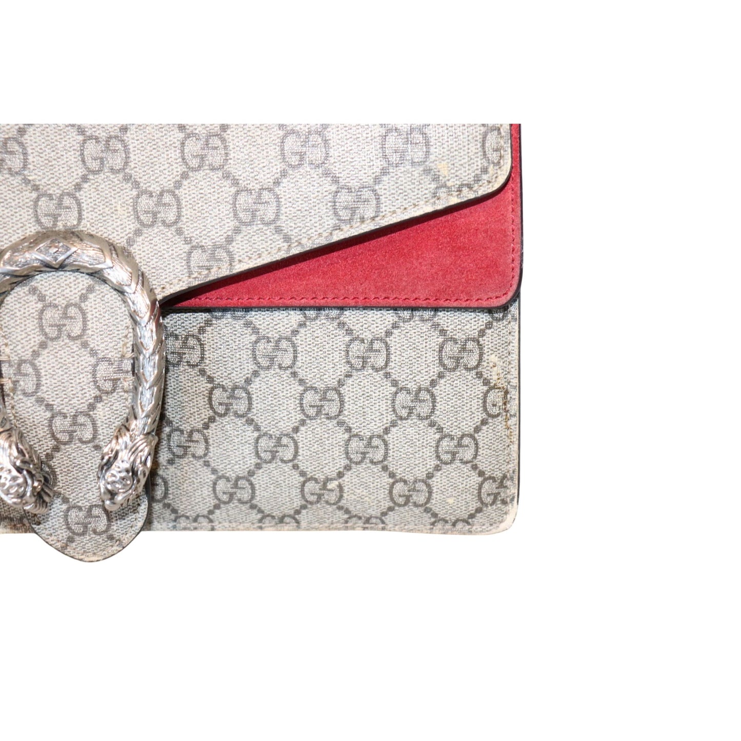 Gucci Dionysus GG Supreme Canvas Shoulder Bag With Red Suede Trim & Silver-Tone Chain Strap Includes Box & Dust Bag