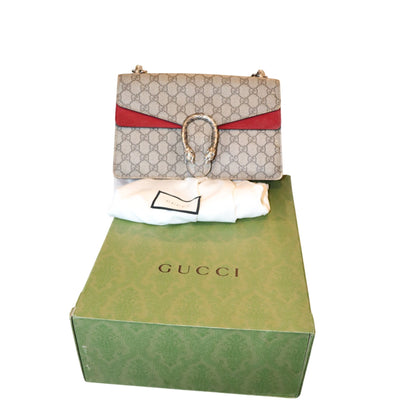 Gucci Dionysus GG Supreme Canvas Shoulder Bag With Red Suede Trim & Silver-Tone Chain Strap Includes Box & Dust Bag