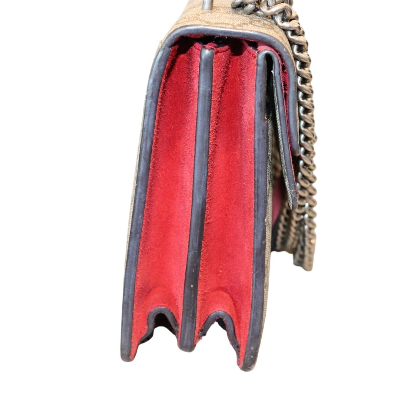 Gucci Dionysus GG Supreme Canvas Shoulder Bag With Red Suede Trim & Silver-Tone Chain Strap Includes Box & Dust Bag