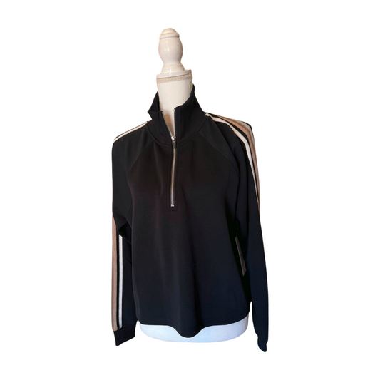 New Spiritual Gangster Women's Pullover Sweater with Striped Sleeves and Half-Zip Collar, size Medium