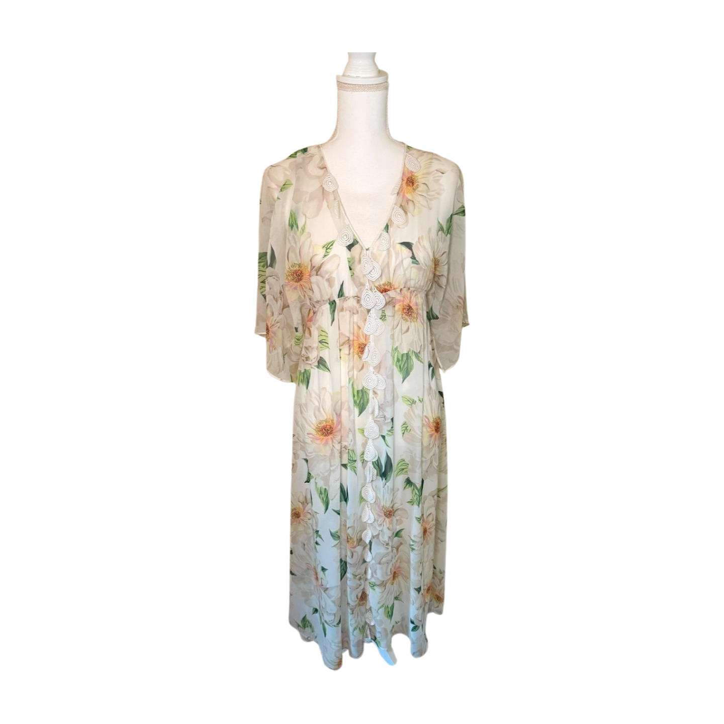 Farm Rio Dahlia Floral Crochet Trim Maxi Dress, Size XS