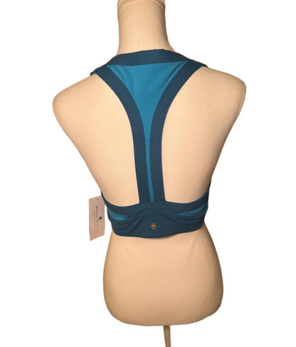 New Spiritual Gangster Sports Bra, Size L – Two-Tone Teal Aurora Racerback w/ Gold Hamsa Logo