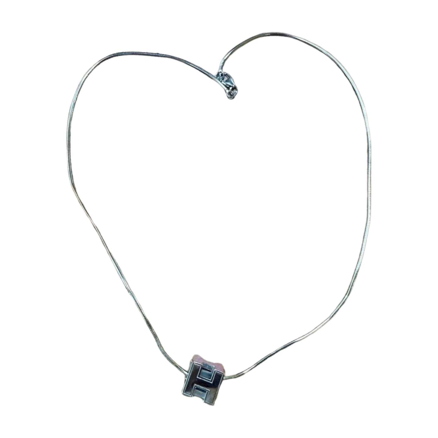Hermès Cages d’H “H” Cube Pendant Necklace – Pink Enamel on Silver-Tone Chain (With Box)