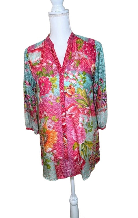 New Johnny Was Patchwork Silk Blouse , Women’s XXS (fits like small)