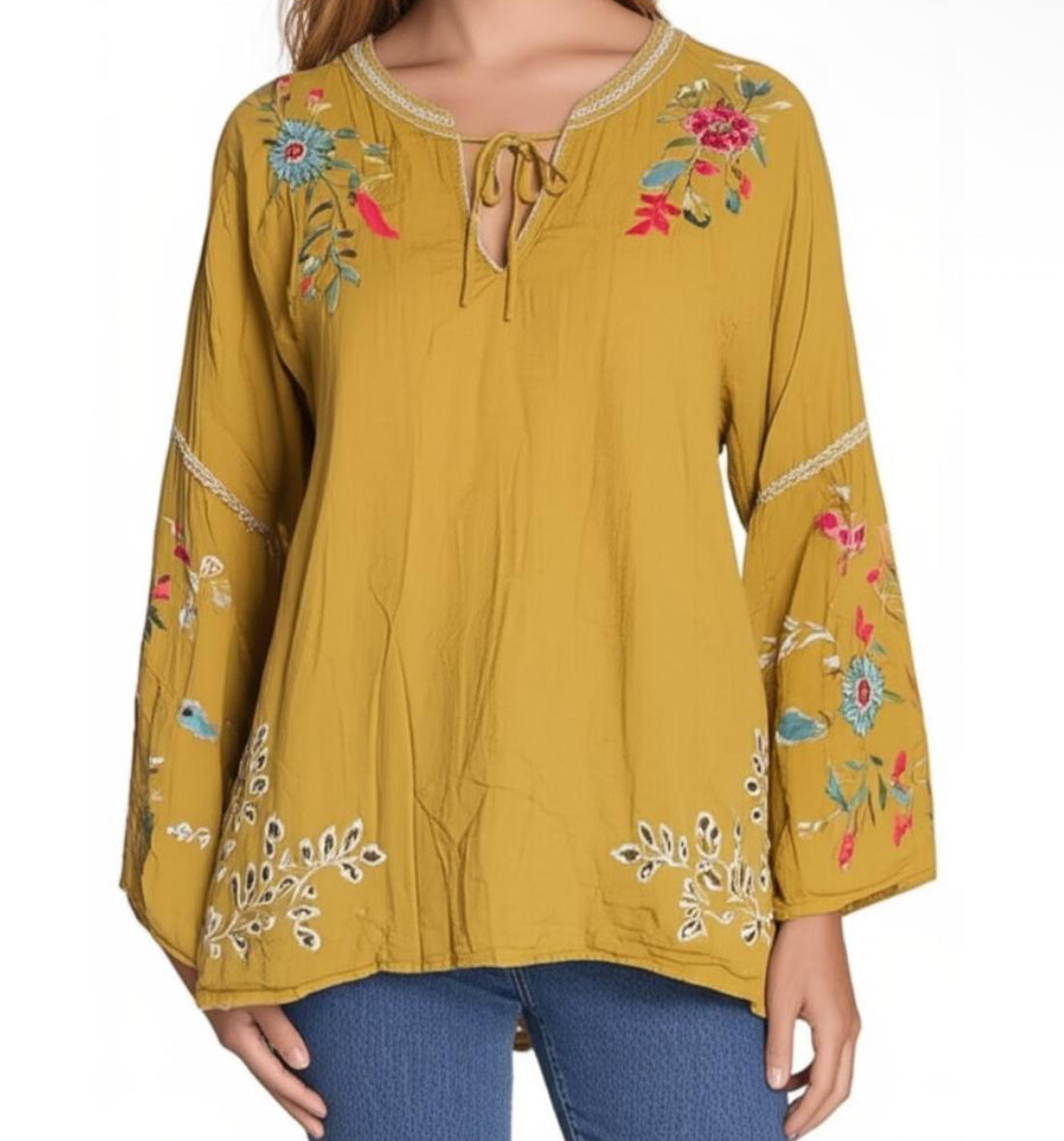 New Johnny Was Womens Peasant Blouse Size M Mustard Yellow Floral Embroidered