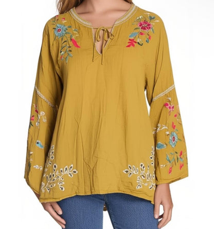 New Johnny Was Womens Peasant Blouse Size M Mustard Yellow Floral Embroidered