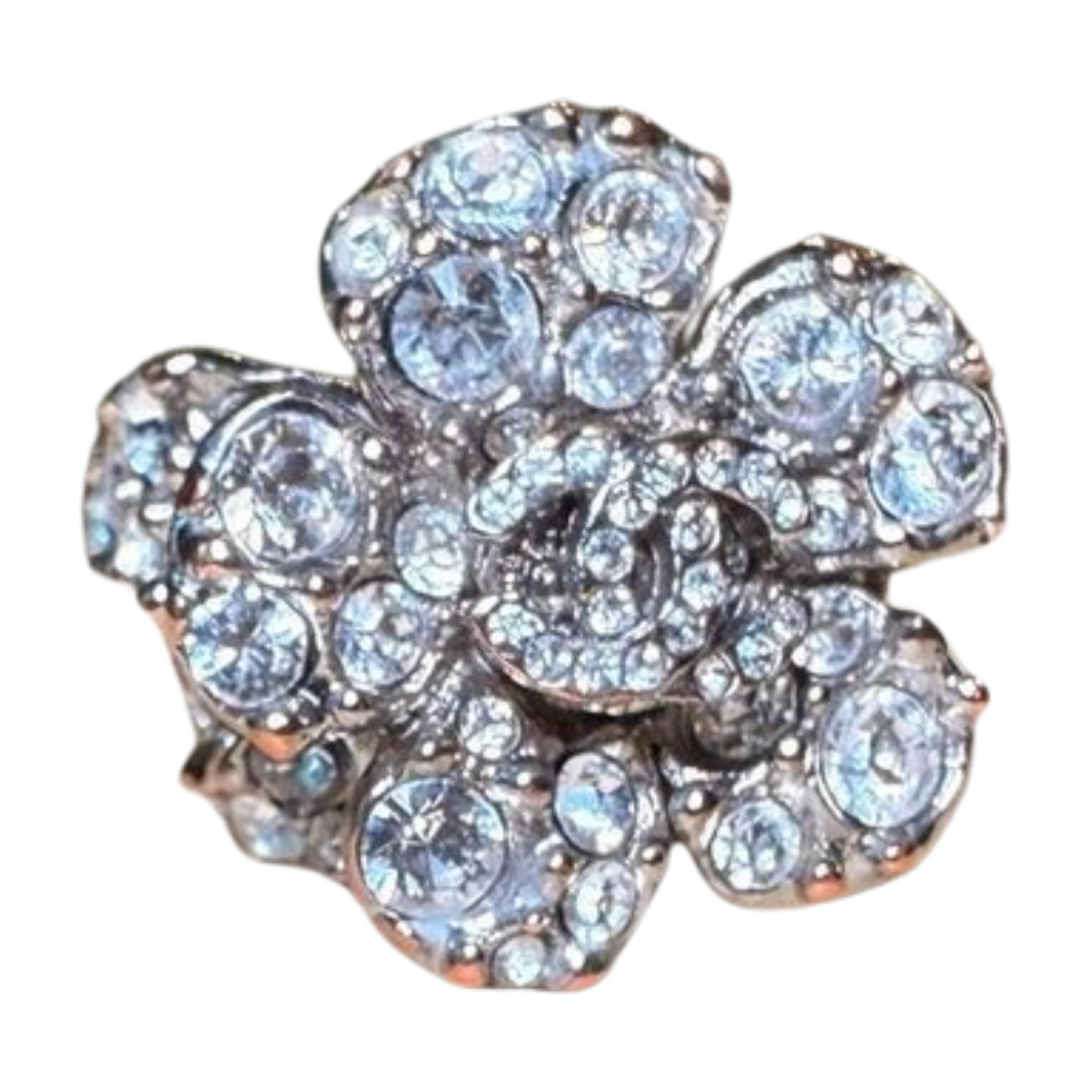 Chanel Camellia Flower Ring, Silver-Tone with Rhinestones, Size 6.75