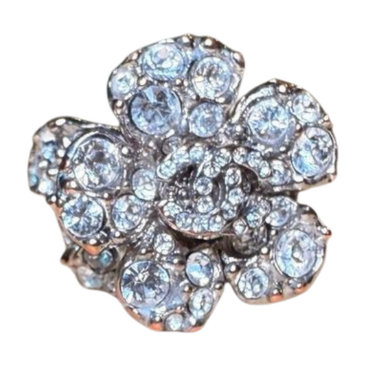 Chanel Camellia Flower Ring, Silver-Tone with Rhinestones, Size 6.75