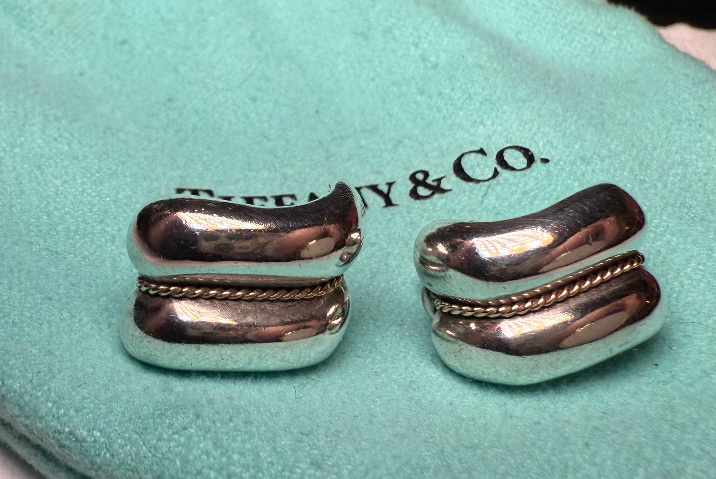 Vintage Tiffany & Co. 925 Sterling Silver & 14K Gold Ribbed Earrings