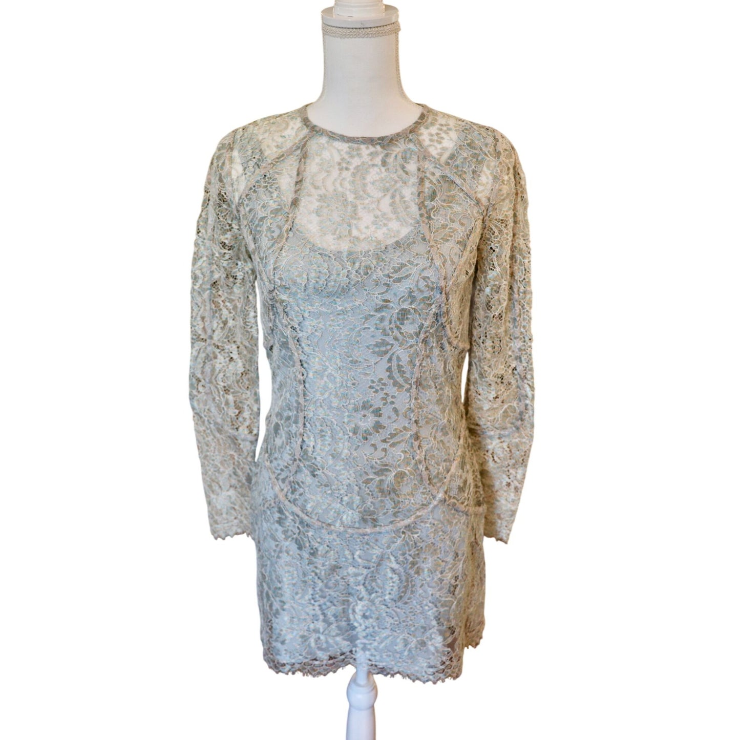 Zimmermann Long-Sleeve Metallic Lace Mini Dress In Dusty Blue, Size 2