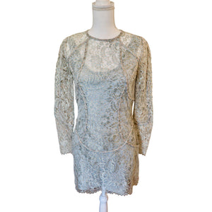 Zimmermann Long-Sleeve Metallic Lace Mini Dress In Dusty Blue, Size 2