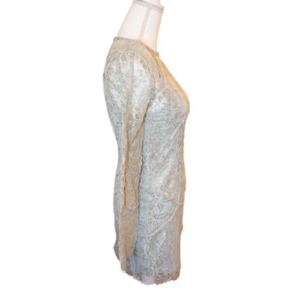 Zimmermann Long-Sleeve Metallic Lace Mini Dress In Dusty Blue, Size 2